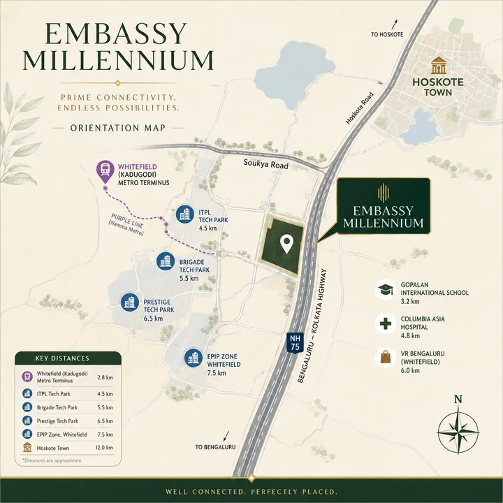 Embassy Millennium location map showing the site at Bodanahosahalli relative to Soukya Road, the Whitefield metro terminus, the eastern tech parks and Hoskote town