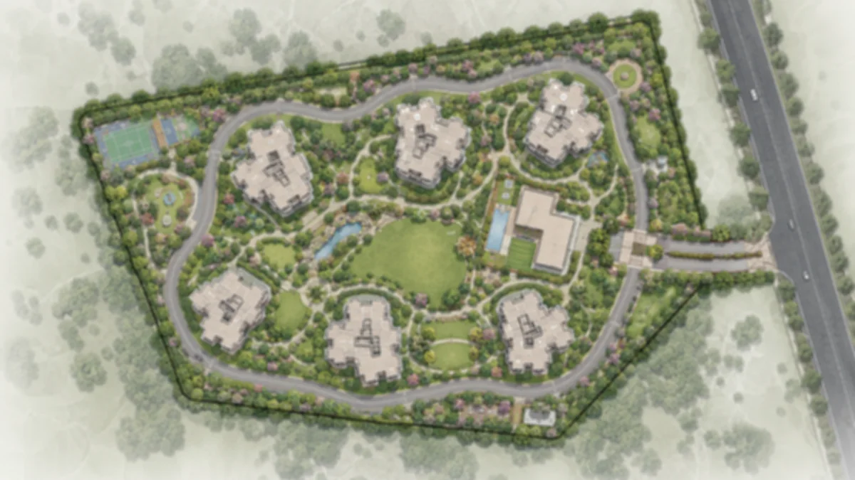 Embassy Millennium indicative master plan across 18.60 acres showing six residential tower footprints, the separate ground-floor clubhouse, the internal loop road and the entry from NH-648
